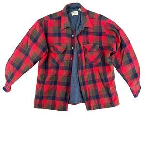 Vintage 90s Red Flannel Quilted Lined Work Jacket Oakton Sears Large Men's
